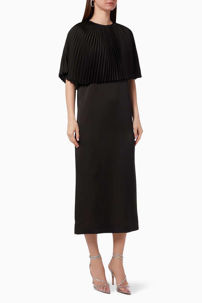 

Loren Pleated Cape Dress in Satin, Black