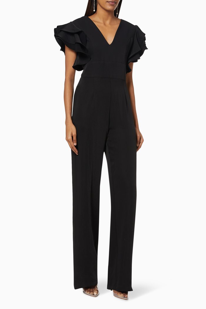 

Ruffle Sleeve Jumpsuit in Crepe, Black
