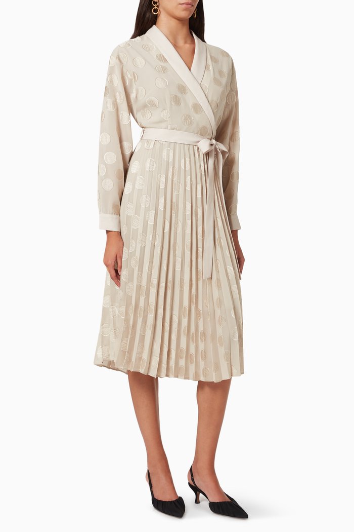 Embroidered Polka Dot Wrap Dress, Neutral