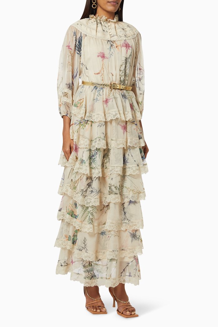 

Tiered Floral Dress in Crepe, Neutral