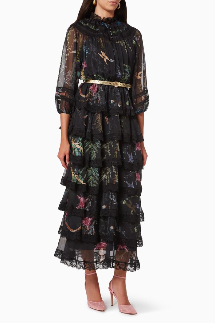 

Tiered Floral Dress in Crepe, Black