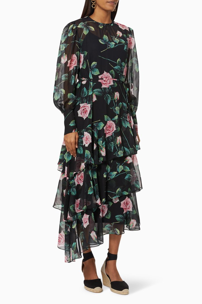 

Tiered Dress in Floral Crepe, Multicolour