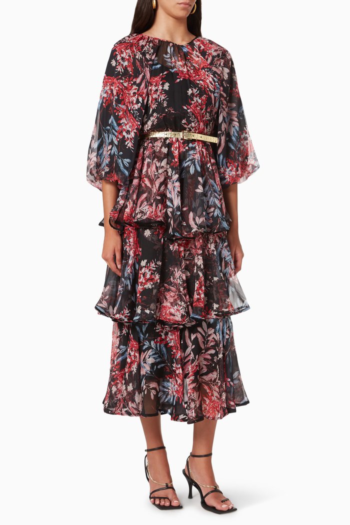 

Tiered Dress in Floral Tulle, Black