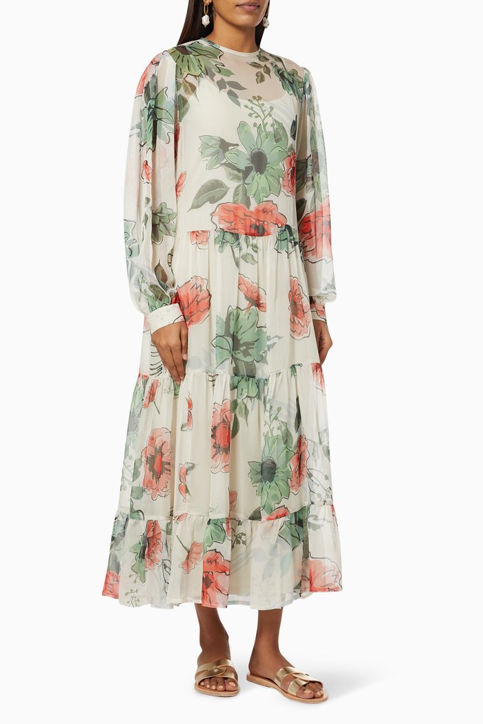 

Tiered Dress in Floral Crepe, Multicolour