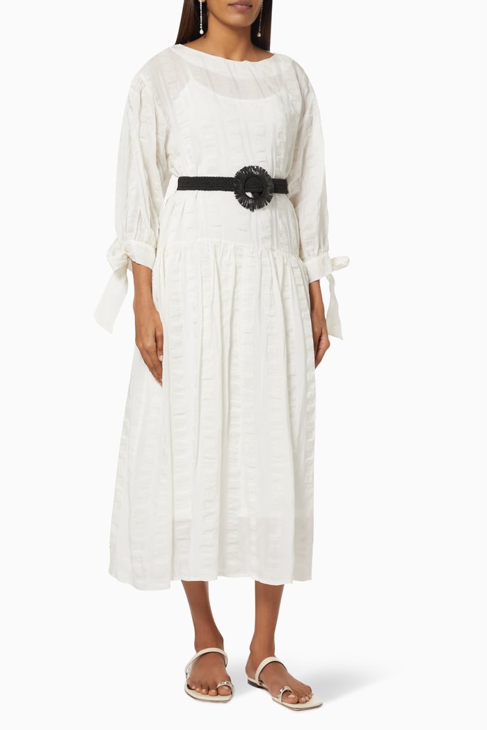 

Belted Dress in Textured Cotton, White