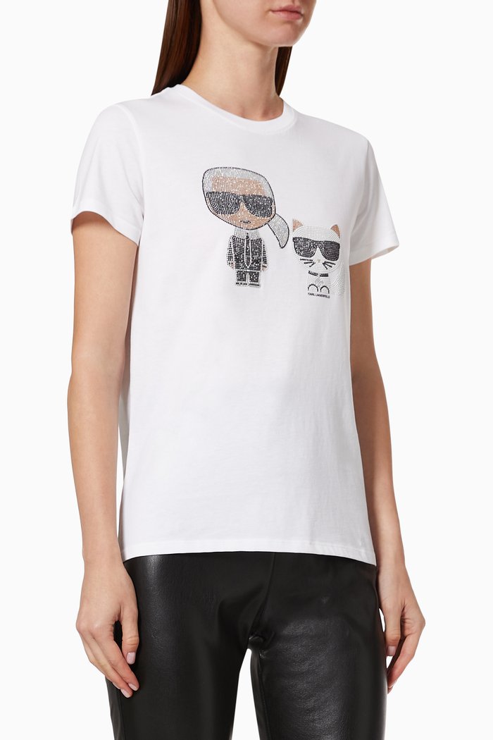 

Ikonik Karl & Choupette Rhinestone T-shirt in Cotton, White