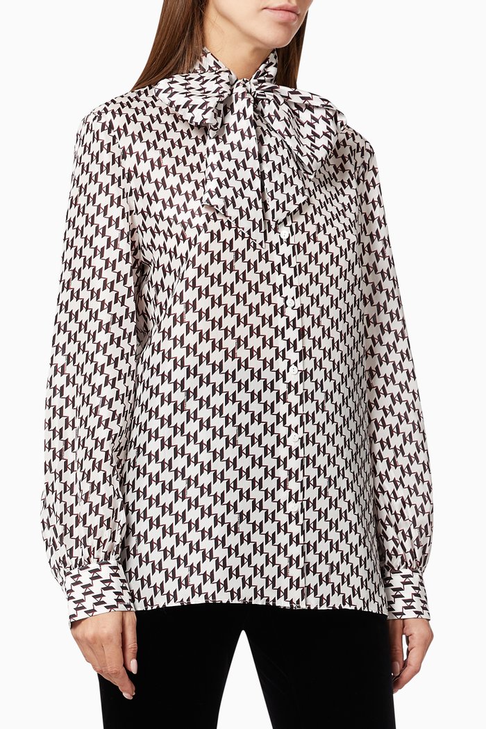 

KL Monogram Pussy Bow Shirt in Silk, White