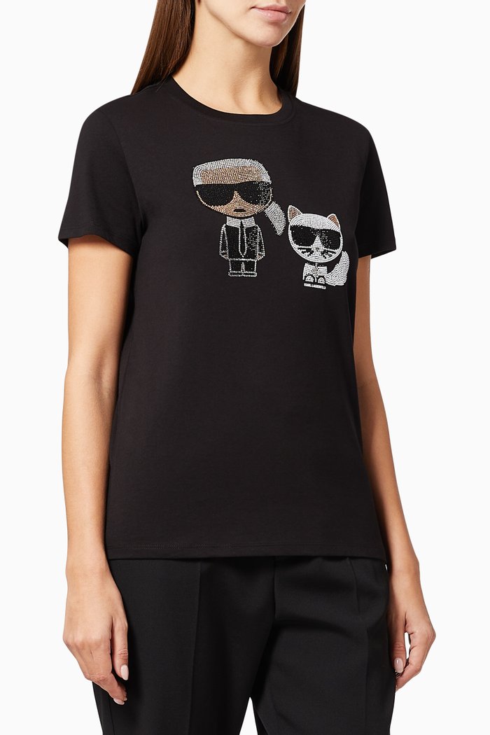 

Ikonik Karl & Choupette Rhinestone T-shirt in Cotton, Black