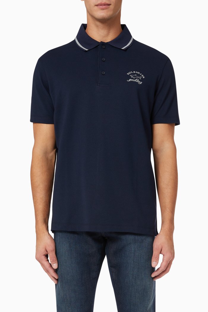 

Embroidered Paul&Shark Logo Polo T-shirt in Cotton Piqué, Blue