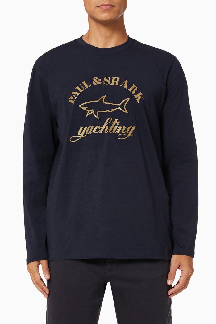 

Shark Print T-shirt in Cotton Jersey, Blue