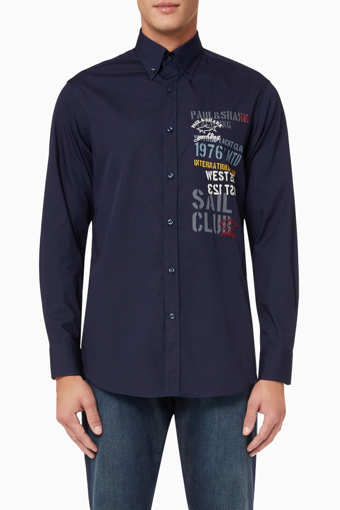 

Logo Print Shirt in Cotton Poplin, Blue