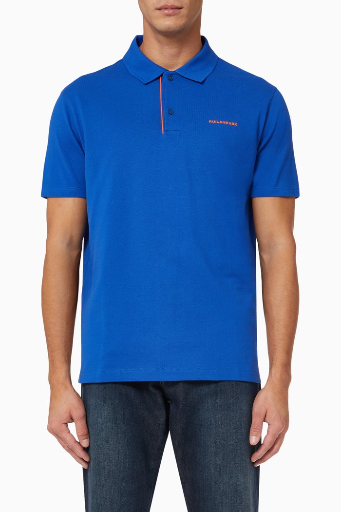 

Polo with Embroidered Paul&Shark Logo in Cotton Piqué, Blue