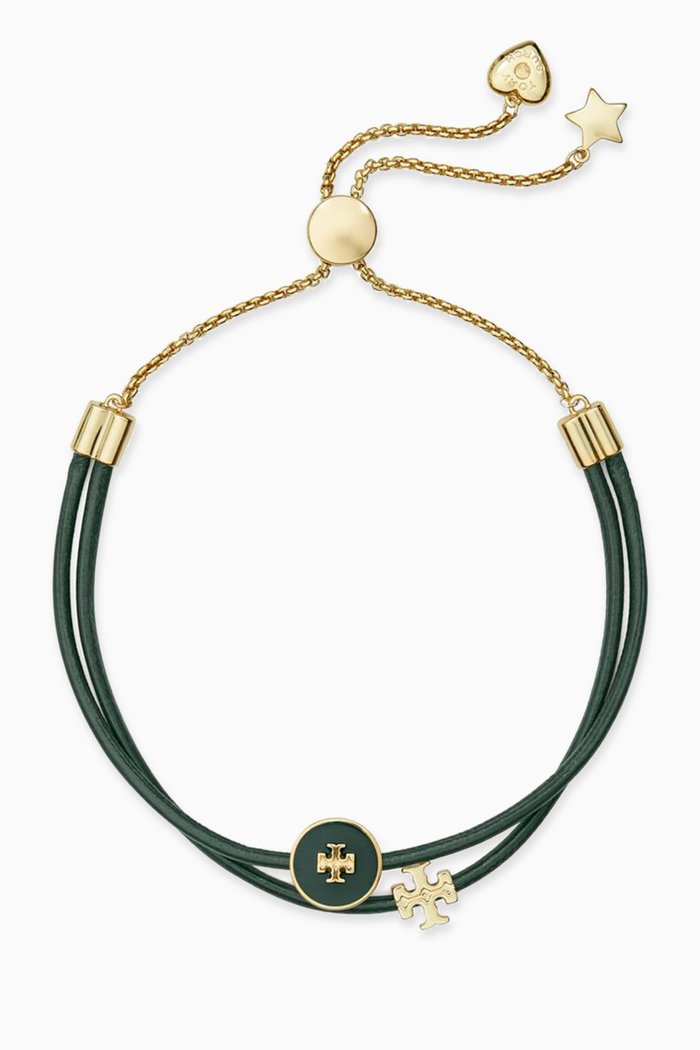 

Kira Enamel Charm Slider Bracelet in Leather, Green