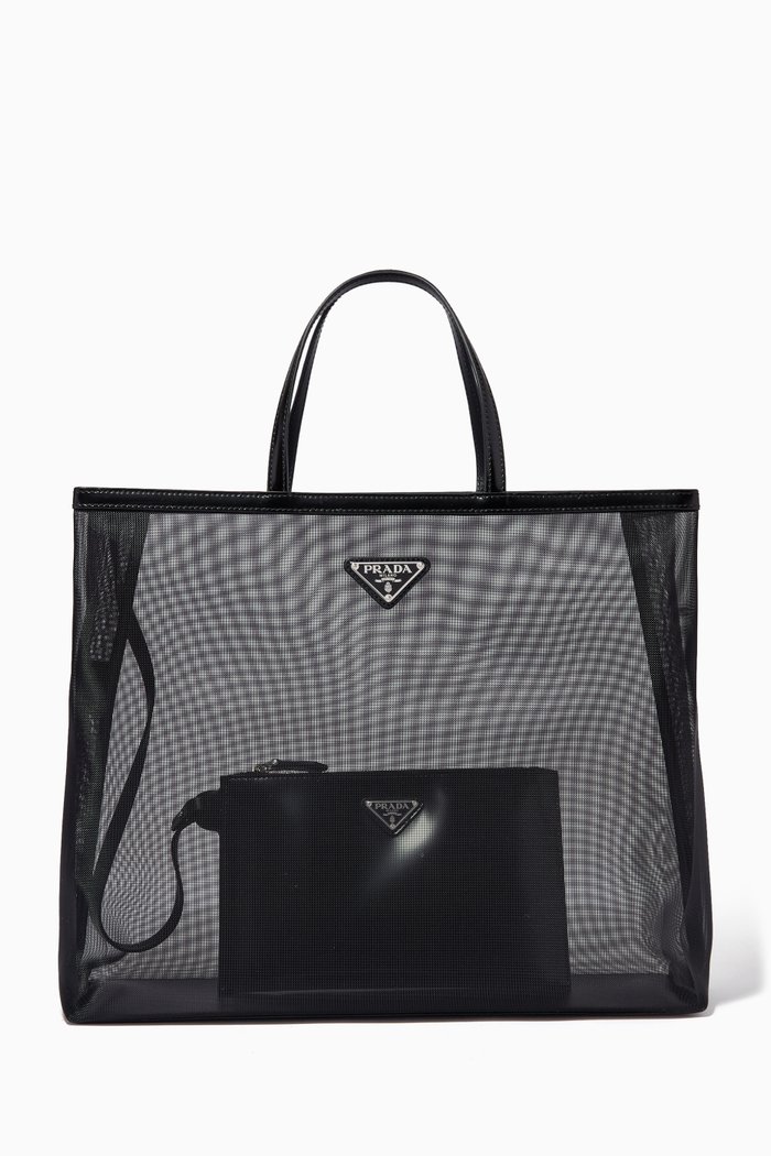 

Large Tote Bag in Mesh & Leather, Black