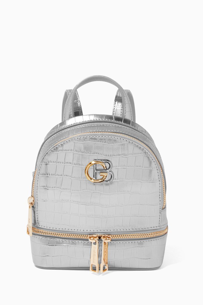 

Mini Backpack in Embossed Metallic Leather, Silver