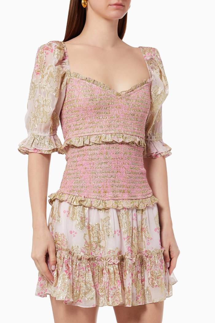 

Hera Smocked Mini Dress in Viscose & Lurex, Pink