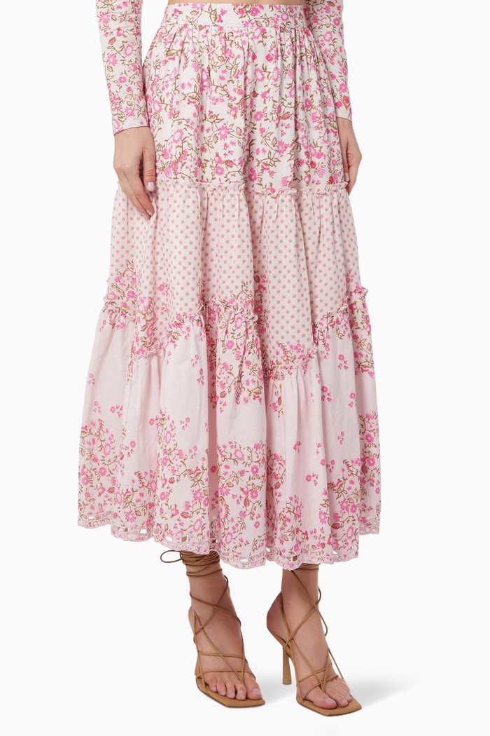 

Hera Tiered Midi Skirt in Cotton Gauze, Pink