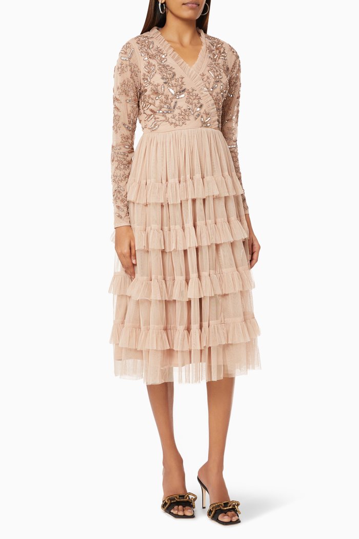 

Wrap Embellished Tiered Dress, Pink