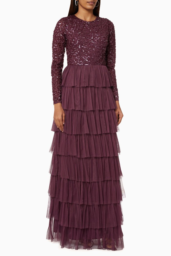 

Delicate Sequin Tiered Gown, Burgundy