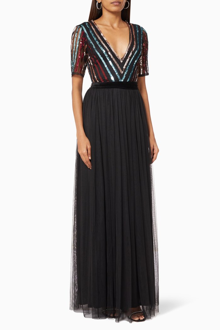 

Stripe Sequin Embellished Dress, Black