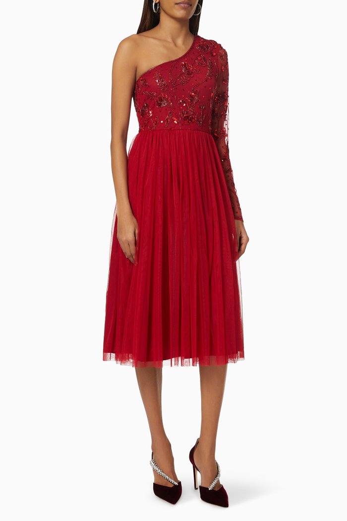 

Beaded Embellished One Shoulder Dress, Red