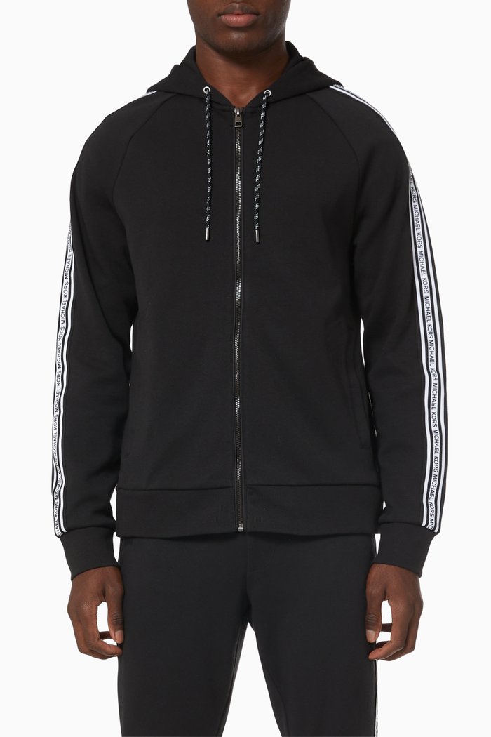 Logo Tape Zip-up Hoodie in Cotton Terry, Black