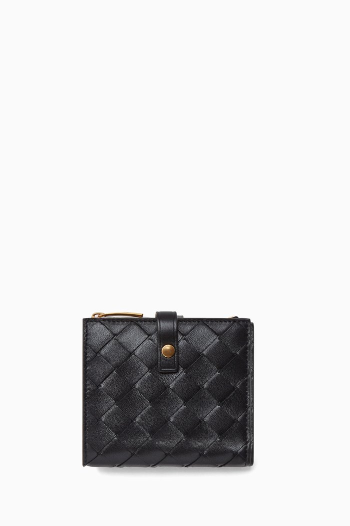 Bi-fold Zip Wallet in Intrecciato Nappa, Black