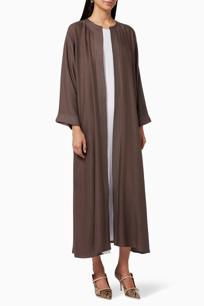 

Contrast Stitching Abaya Set in Cotton, Brown