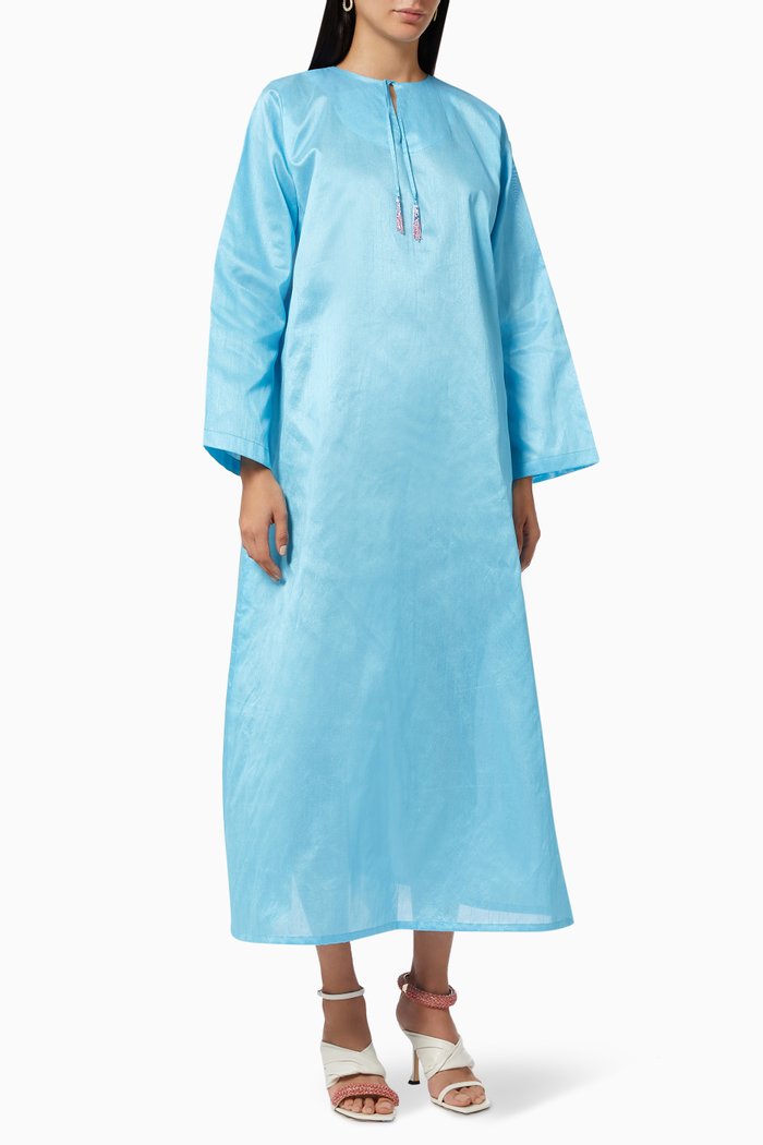 

Wide Sleeve Tassel Dress in Silk, Blue