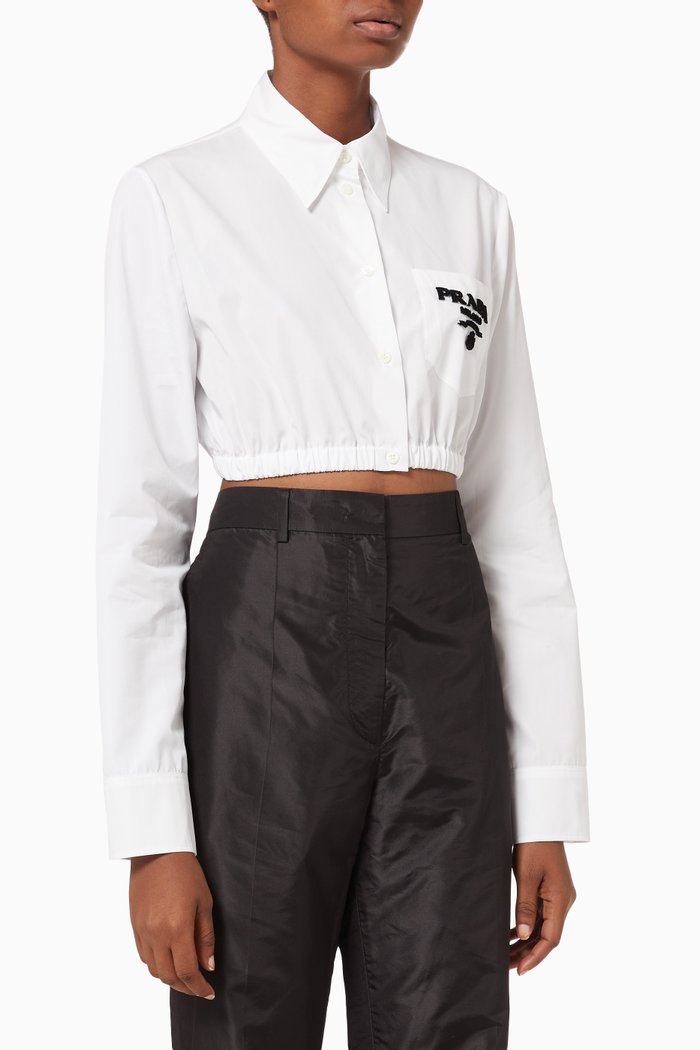 

Embroidered Logo Cropped Shirt in Cotton Poplin, White