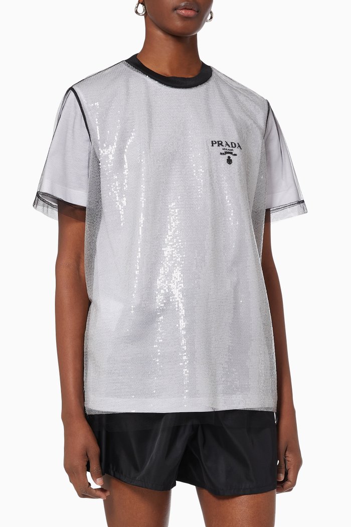 

Logo Layered T-shirt in Cotton Jersey & Sequinned Tulle, White