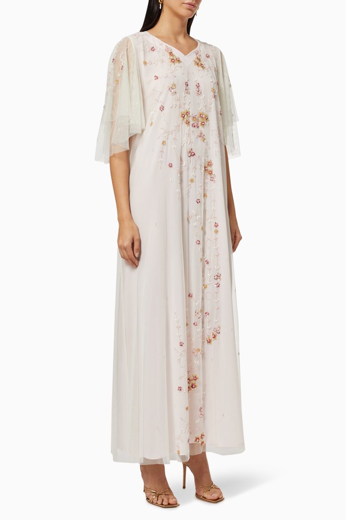 

Flowing Kaftan in Floral Beaded Tulle, Neutral
