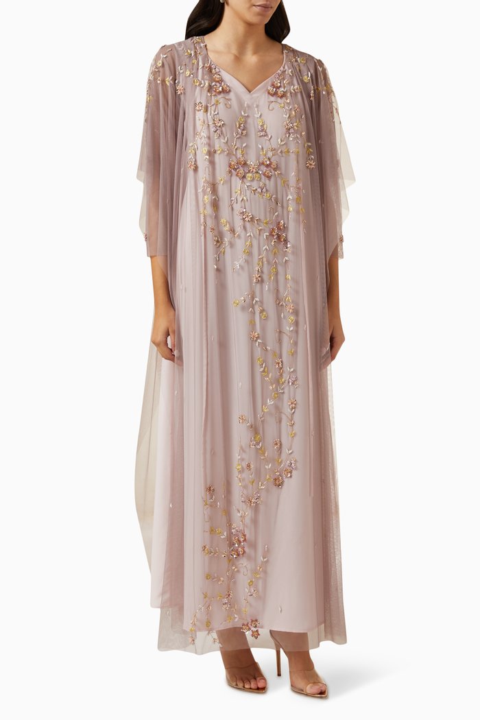 

Foral Embroidered Kaftan in Chiffon, Pink