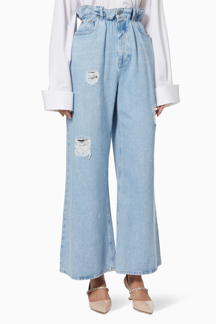 

Studded Paperbag Waist Jeans in Washed Denim, Blue