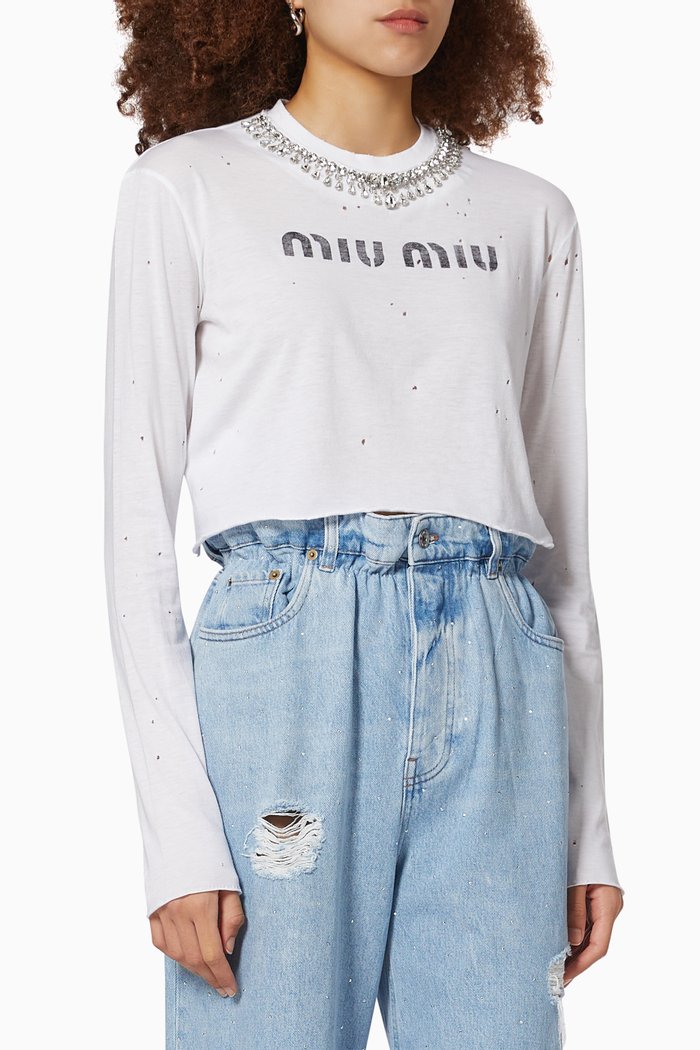 

Crystal Embroidered Crop T-shirt in Cotton Modal Blend, White