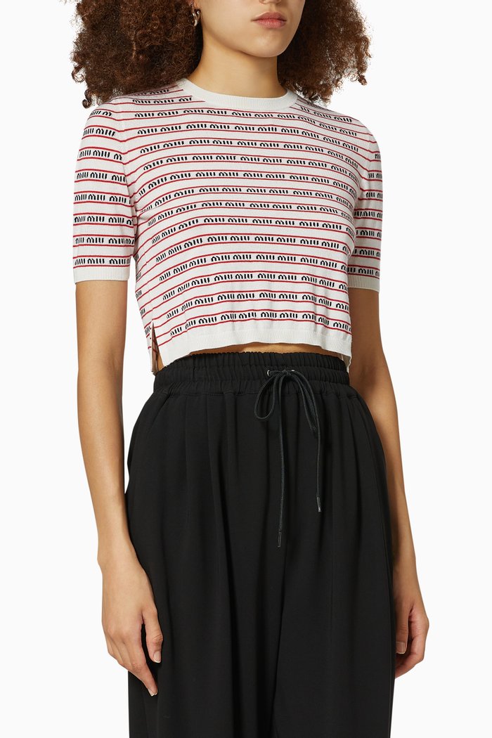 

Short-sleeved Crop Sweater in Cashmere & Silk Logo Jacquard, White