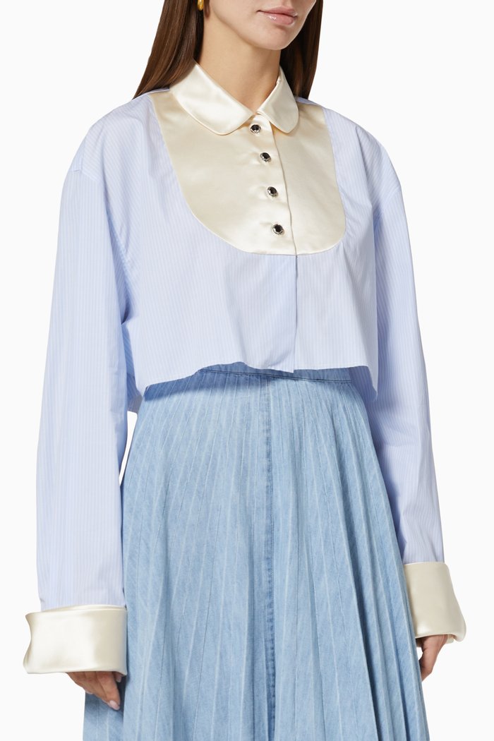

Striped Cropped Shirt in Cotton Poplin & Satin, Blue