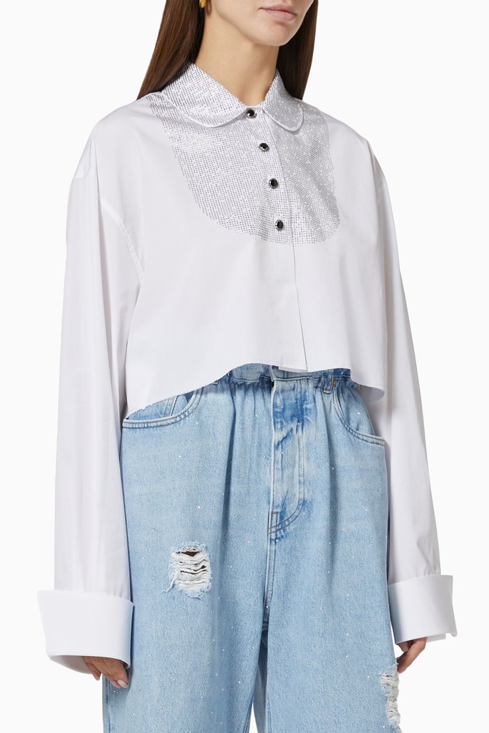 

Embellished Cropped Shirt in Cotton Poplin, White