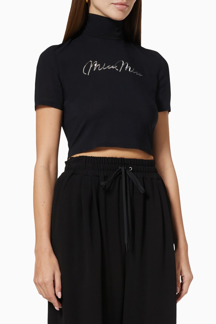 

Embroidered Logo Turtleneck Cropped Top in Stretch Georgette, Black