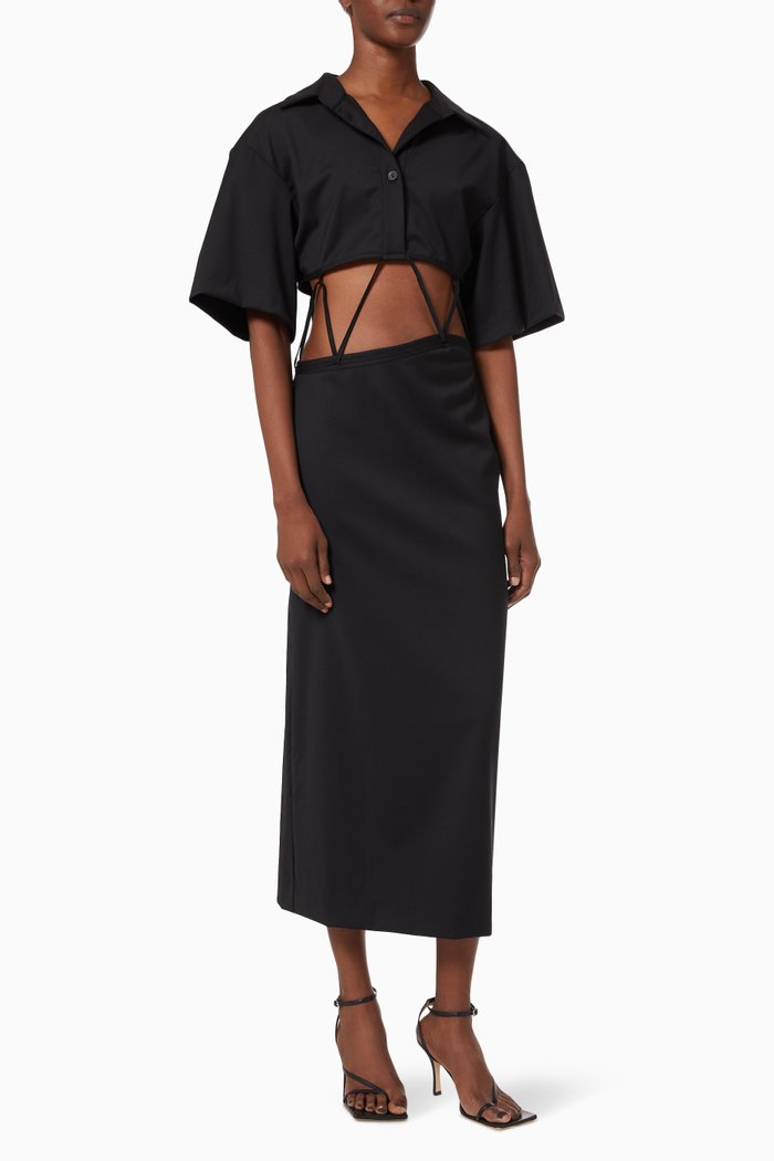 

Angled Tie Shirt Dress in Wool Suiting, Black