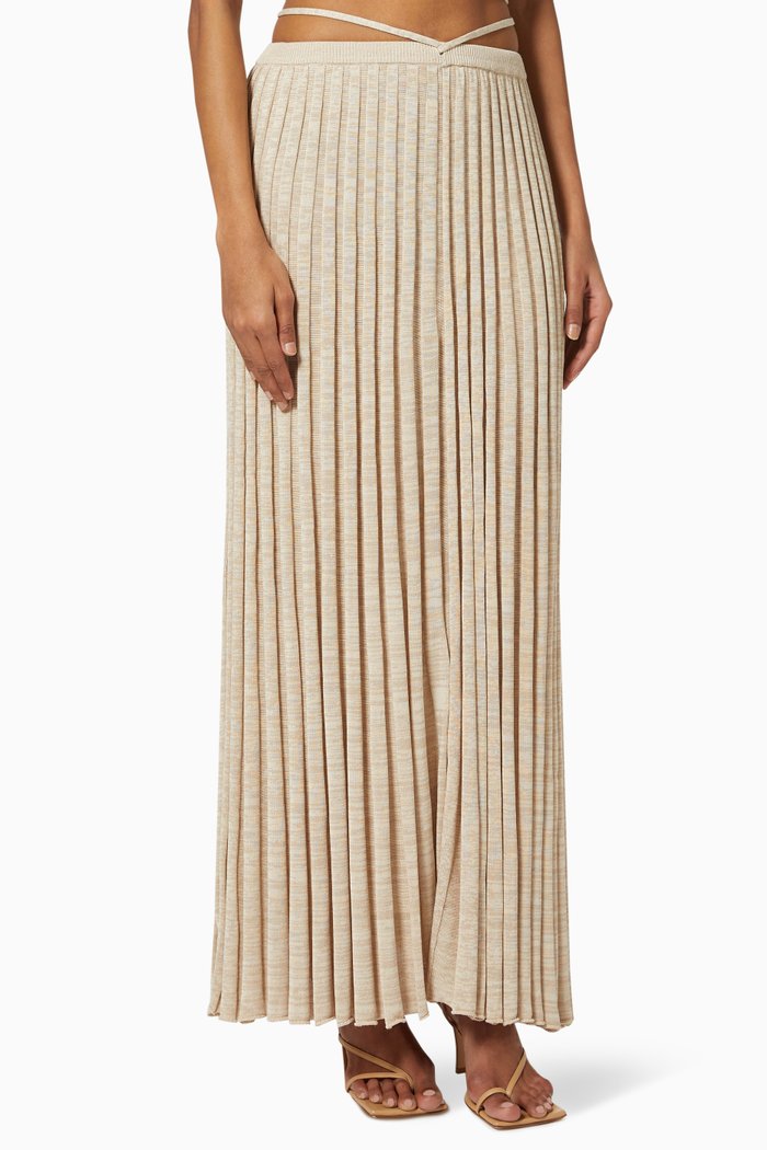 Pleated Knit Tie Skirt, Neutral