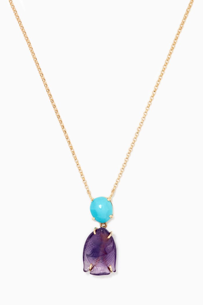 

"Haz/Luck" Fish Stone & Turquoise Necklace in 18kt Yellow Gold