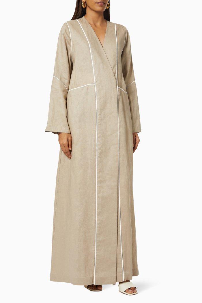 

Contrast Piping Abaya in Linen, Neutral