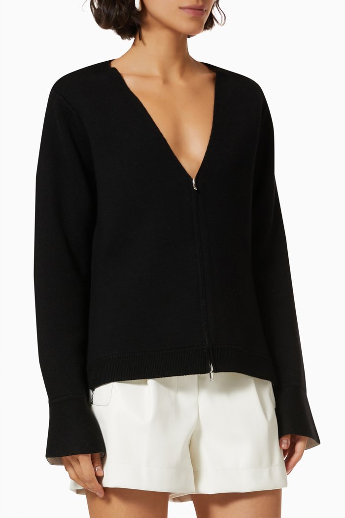 

Zip-Front Cardigan in Double Face Wool, Black