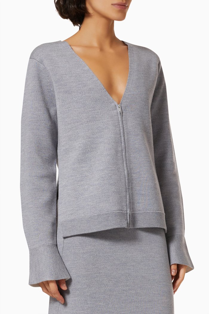 

Zip-Front Cardigan in Double Face Wool, Grey