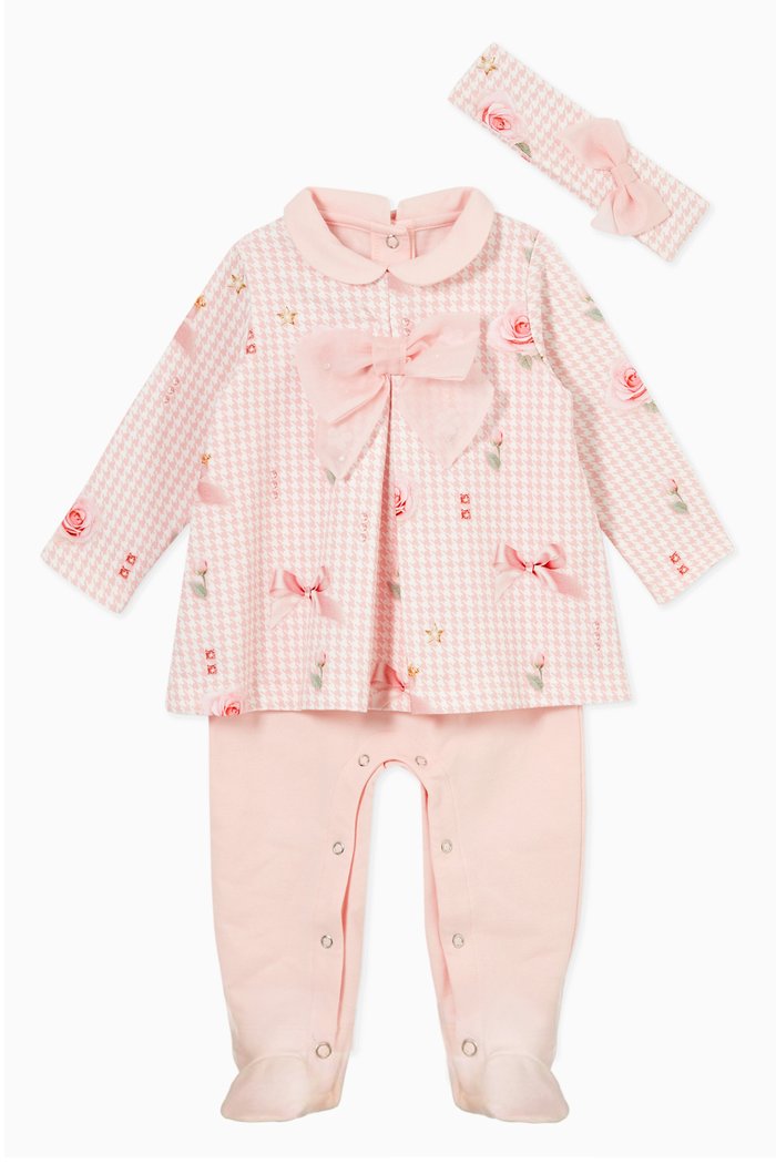 

Houndstooth Print Bow Pyjama & Headband Set in Cotton, Pink
