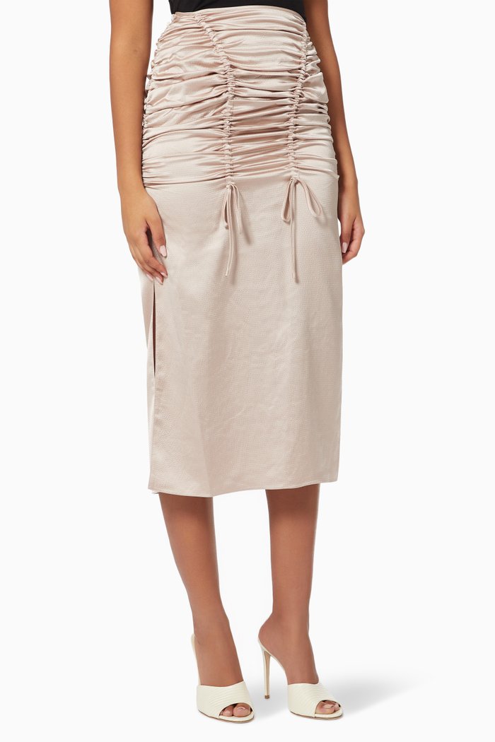 

Ruched Midi Skirt in Satin, Neutral