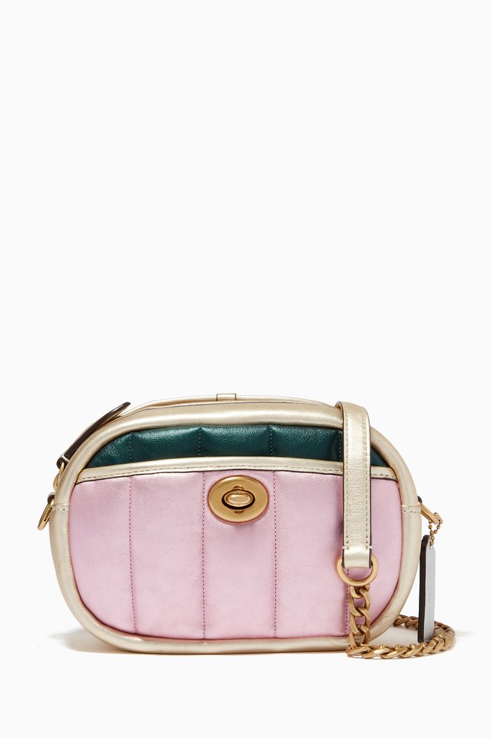 

Small Camera Bag with Quilting in Colour-block Metallic Leather, Multicolor