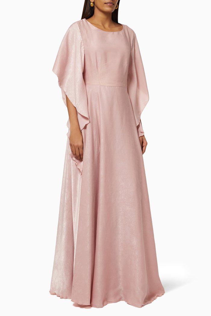 

Asymmetric Sleeve Dress in Satin, Pink
