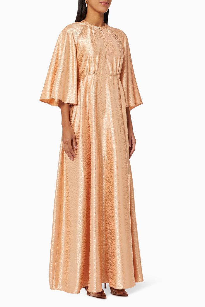 

Pleated Dress in Textured Satin, Gold